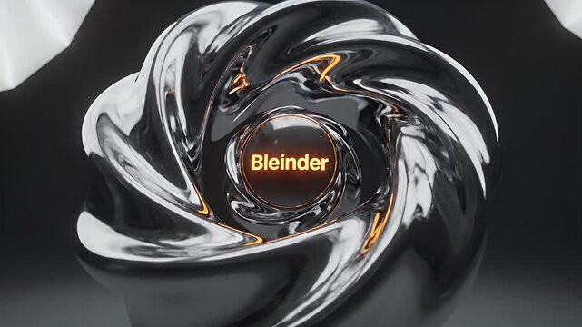 A swirling metallic black and silver vortex forms a fluid sculpture with an orange core and a central Bleinder logo