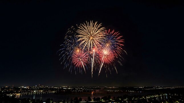 Vibrant colorful fireworks exploding over a dark night city skyline