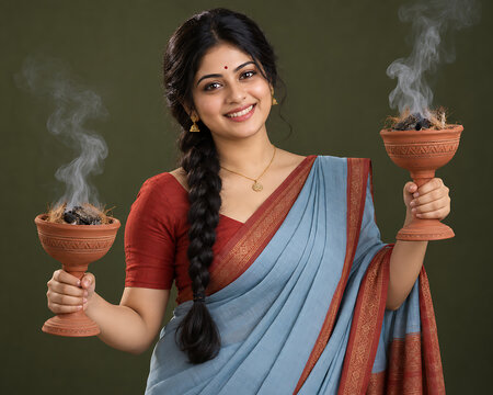 Joyful woman wearing blue saree holding smoking dhunuchi incense bowls against olive background for durga puja rituals celebrating navratri and diwali traditions