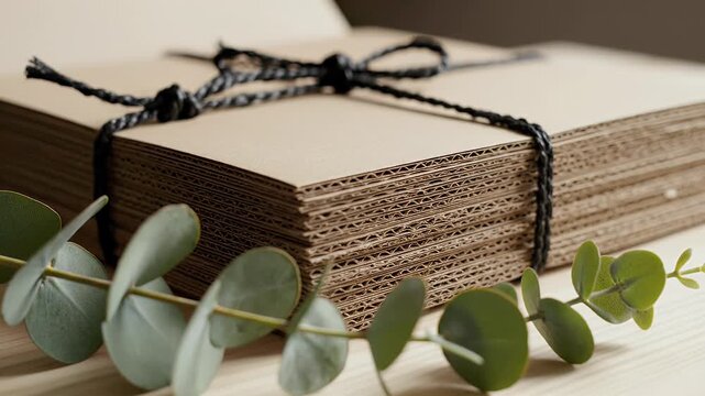 Stacked cardboard sheets tied with dark twine, accented by green leaves
