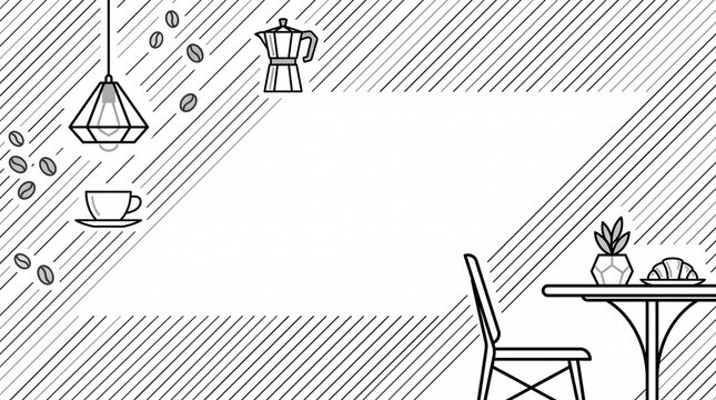 Minimalist coffee shop line art illustration with geometric patterns and cafe equipment.
