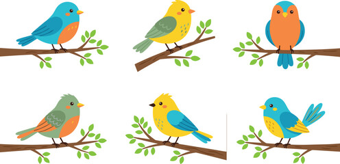 Obraz premium Colorful cartoon birds sitting on green leaf branches . Cute animal wildlife characters, nature illustration set .
