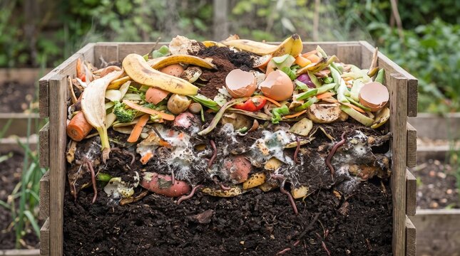 Organic compost bin with food scraps and soil for sustainable gardening and waste recycling