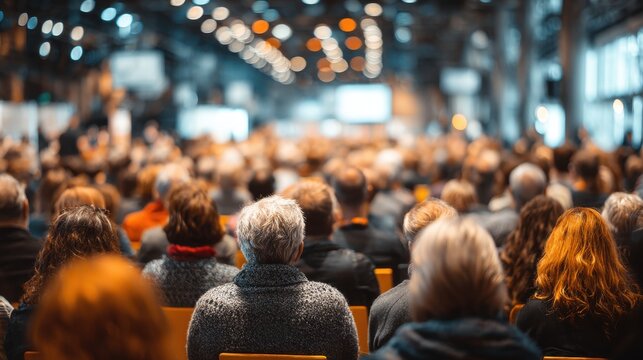 Blurred background of a conference or seminar audience, showing rows of seats with people listening attentively, captured in high quality.