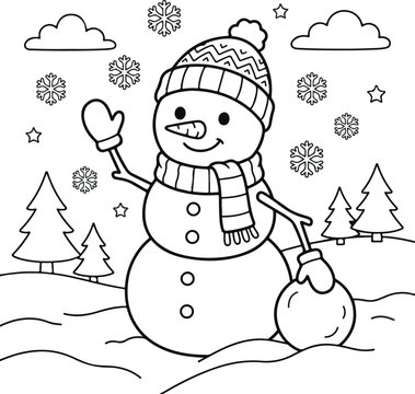 Happy snowman holding a snowball in a snowy forest, coloring page for children