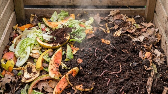 Steaming organic compost pile with food scraps and earthworms in a wooden bin for recycling