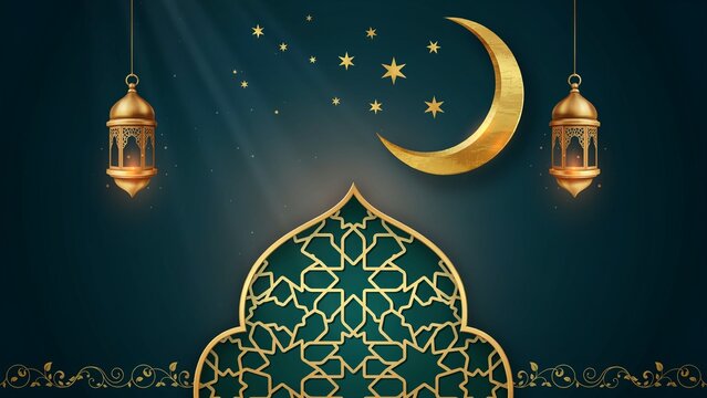 Decorative night sky featuring crescent moon stars and hanging lanterns with intricate arch design