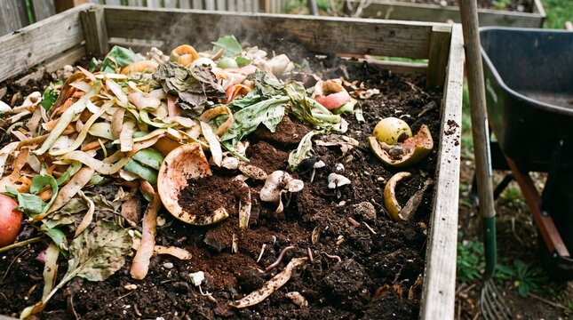 Organic food scraps decomposing in a wooden garden compost bin with steam rising