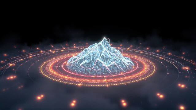Futuristic mountain peak rises from glowing circular platform. Digital lines form structure, surrounded by light particles. Dark background enhances contrast.