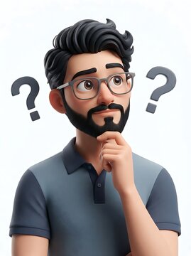 3D cartoon man with glasses thinking with question marks isolated on white