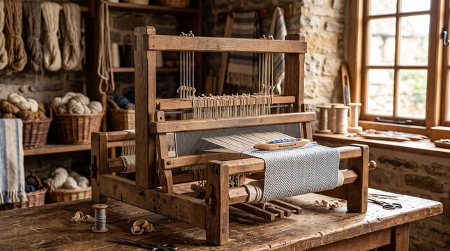 Traditional Wooden Handloom with Woven Textile in Rustic Artisan Workshop