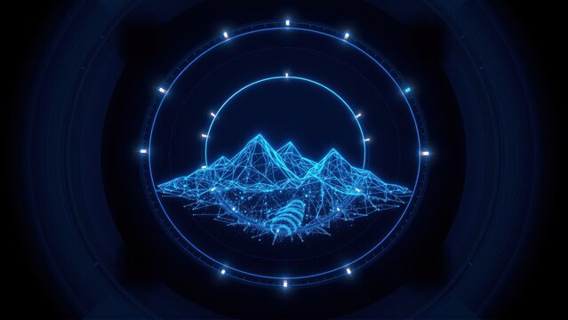 Blue neon mountains inside circular frame. Futuristic design, digital illustration, dark background. Minimalist style, glowing lines create peaks.