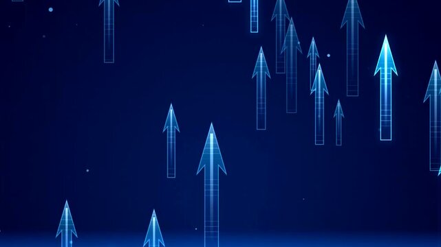 Glowing Blue Wireframe 3D Arrows Moving Upward Business Growth Tech Background