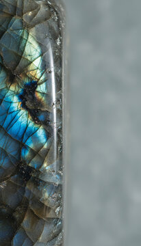 A labradorite surface flashing blue, everything clean and newly maintained, soft directional daylight