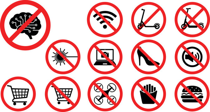 Prohibition Sign Icon Set Featuring No Artificial Intelligence Brain, No Food, No Drones, and Prohibited Warning Symbols for Public Places