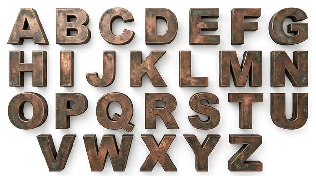 Antique bronze alphabet letters arranged in rows against a clean white background