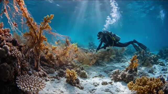 Ocean Cleanup Dive: A lone diver navigates a vibrant coral reef, diligently removing fishing nets and debris to preserve the delicate marine ecosystem. Sunlight filters through the turquoise water.