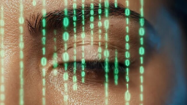 Close-up of a brown eye with cascading green digital code overlay