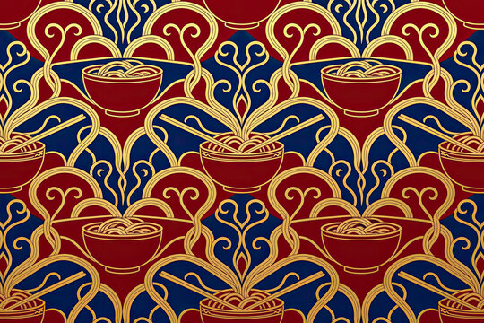 Exclusive National Noodle Day Seamless Pattern, Luxurious Ramen and Pasta Culinary Art Background