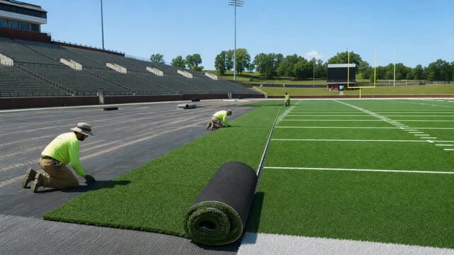 Installing the turf in a stadium.