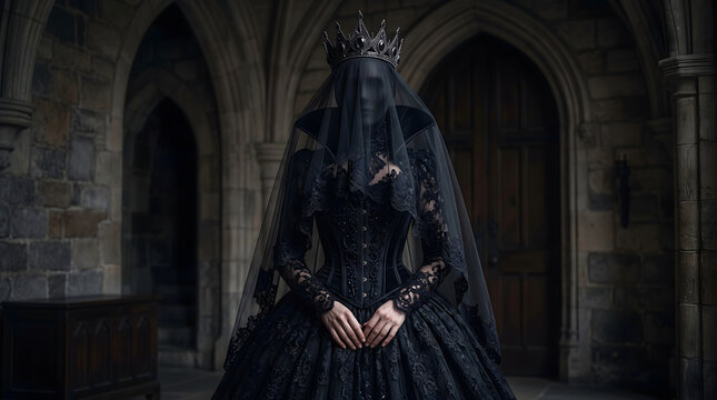 Evil queen in a black gown and black veil holding a raven scepter inside a dark stone castle hall