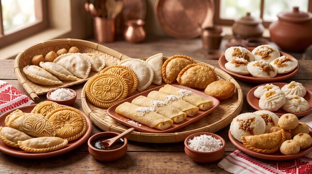 Traditional Bengali Pitha and sweets assortment arranged on clay plates and bamboo trays for festival