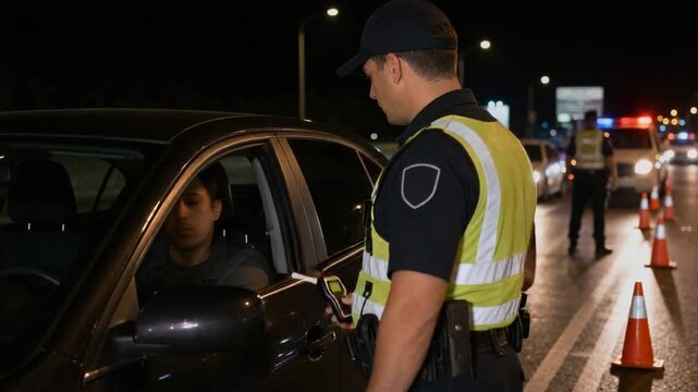 Driver and traffic police officer at a roadside breathalyzer checkpoint.