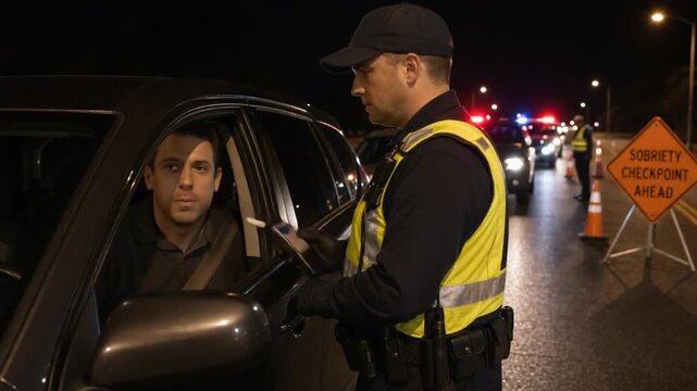 Driver and traffic police officer at a roadside breathalyzer checkpoint.