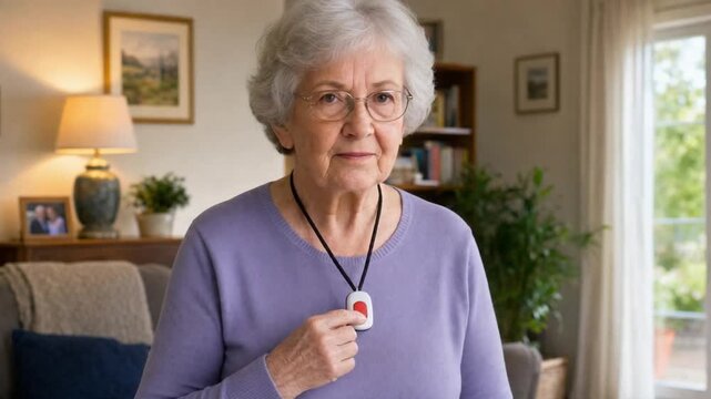 Senior person with SOS pendant or medical alert pendant.
