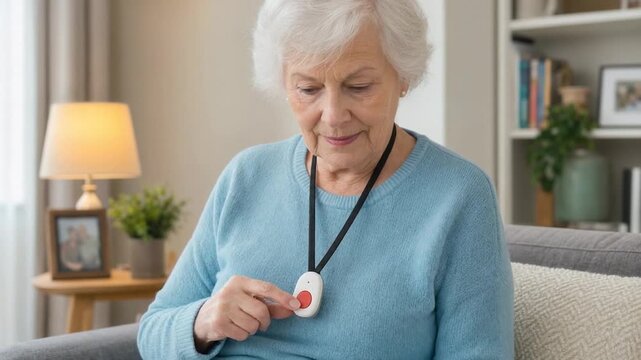 Senior person with SOS pendant or medical alert pendant.