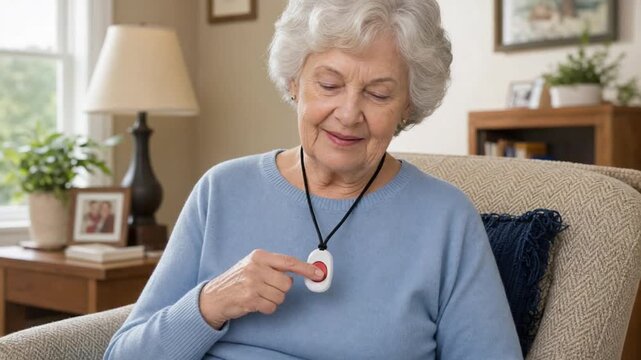 Senior person with SOS pendant or medical alert pendant.