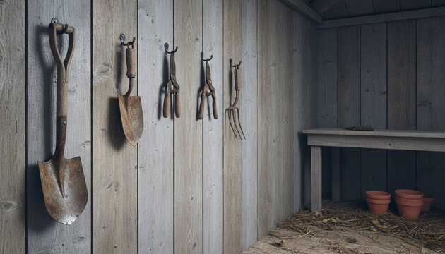 Old garden tools hung in a shed, surfaces showing honest wear and use, cool even overhead lighting
