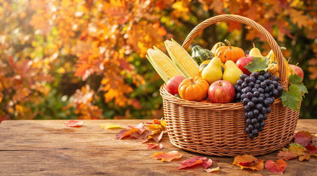 Rustic wicker basket filled with apples, pears, grapes, pumpkins, squash and corn on a wooden table surrounded by autumn leaves