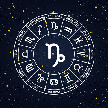 capricorn astrological sign inside zodiac circle, 12 zodiac signs wheel, horoscope cycle symbols, deep space stars background