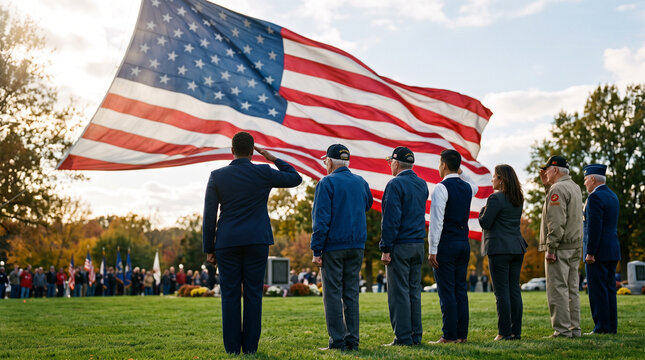 Multigenerational group of U.S. military veterans standing shoulder to shoulder and saluting an enormous American flag at sunset, Veterans Day, veteran appreciation, service recognition, military hono