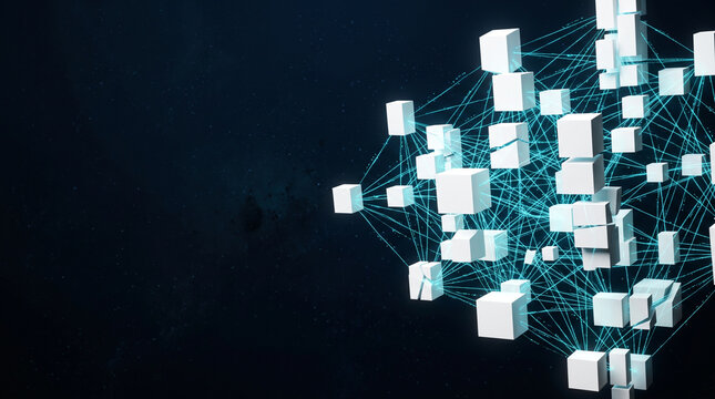 3D abstract array of white geometric blocks connected by glowing cyan threads