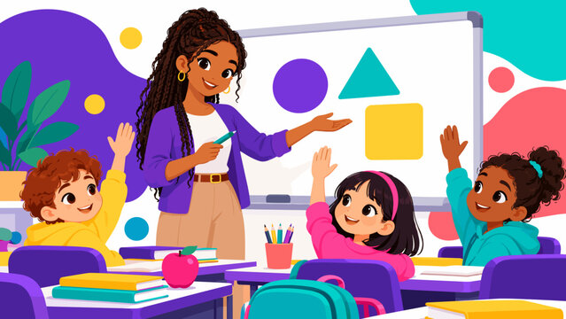 Bright classroom with joyful children raising hands. Teacher smiles while pointing to colorful shapes on a board. Students look engaged, eager to participate in learning