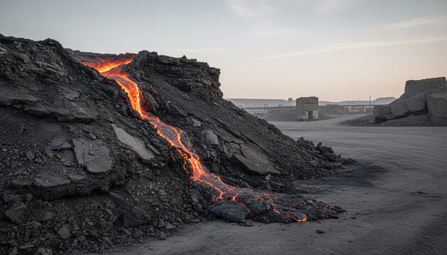 Molten slag pouring down a heap, surfaces showing honest wear and use, soft directional daylight