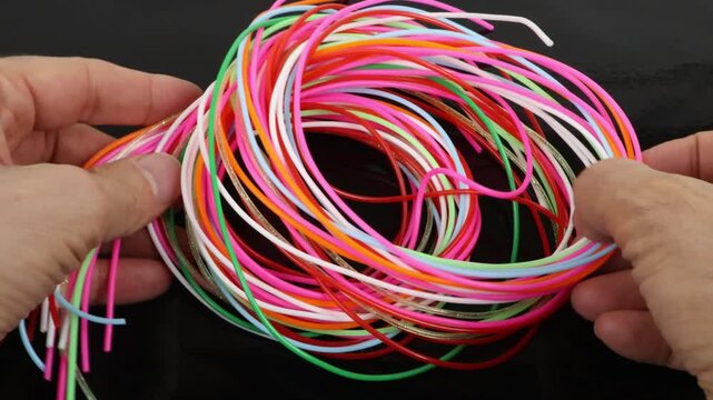 An elderly man's hands place down a skein of colorful threads, glossy black background.