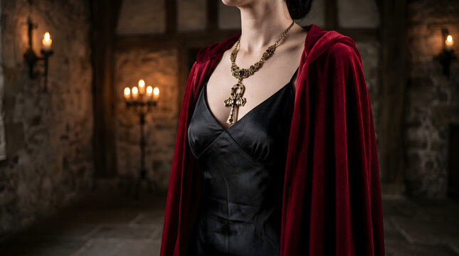 Woman wearing a black satin dress, red velvet hooded cape, and ornate gothic Ankh necklace in a stone castle chamber with candlelight