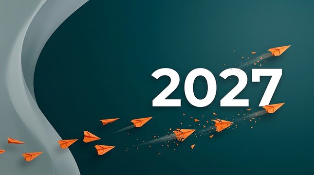 Orange paper airplanes flying towards the year 2027 against a deep teal background with abstract curves