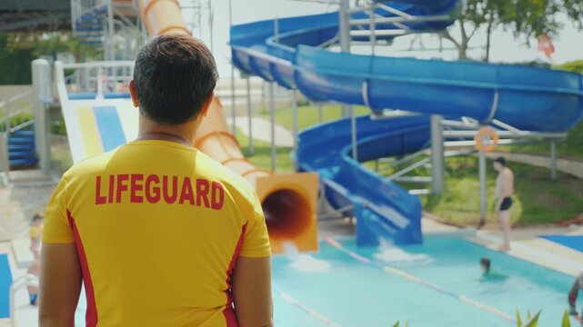 Lifeguard in yellow uniform watching over water park and swimmers with slides in background during sunny day.