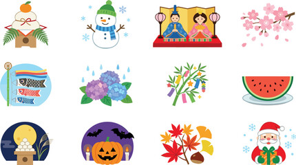 Fototapeta premium Seasonal Japanese events and holidays collection . Snowman, cherry blossoms, watermelon, pumpkin, santa claus .