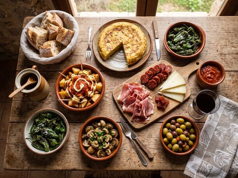 Traditional spanish tapas spread on rustic wooden table, perfect for dining.