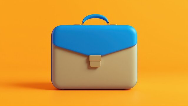 Briefcase illustration. Blue flap, beige body. Simple design, studio lighting, vibrant colors. Minimalist aesthetic, clean presentation.