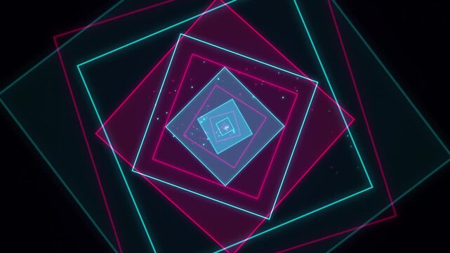 Neon square tunnel motion background: glowing pink and blue geometric shapes rotating in infinite 3 d space