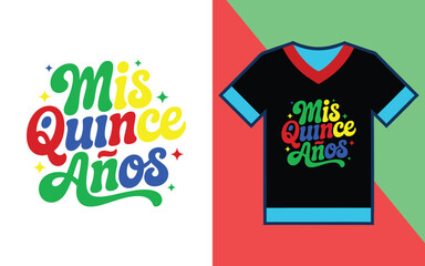 Mis quince anos retro lettering with stars, shown as a print and on a black v-neck t-shirt mockup © Jahanara