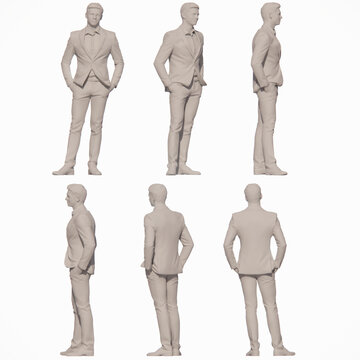 Full body white figure reference sheet with front, back, side and 3/4 views