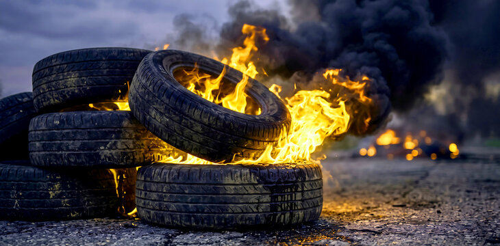 Burning stack of tires creating large black smoke and flames on roadway