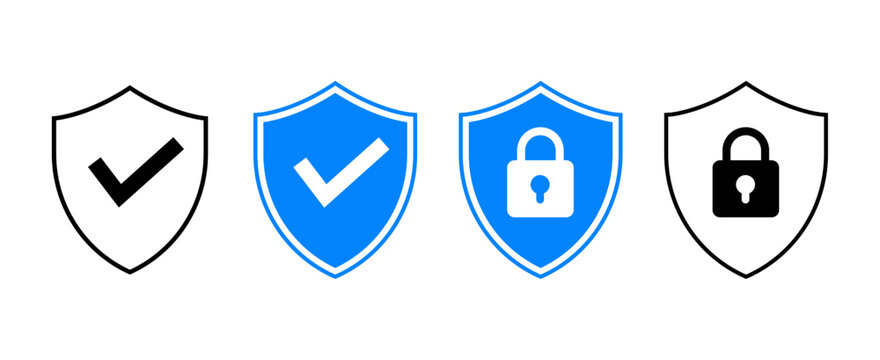 Security Shield Icon Set with Check Mark and Padlock Symbols for Cybersecurity, Data Protection, and Privacy Vector Design